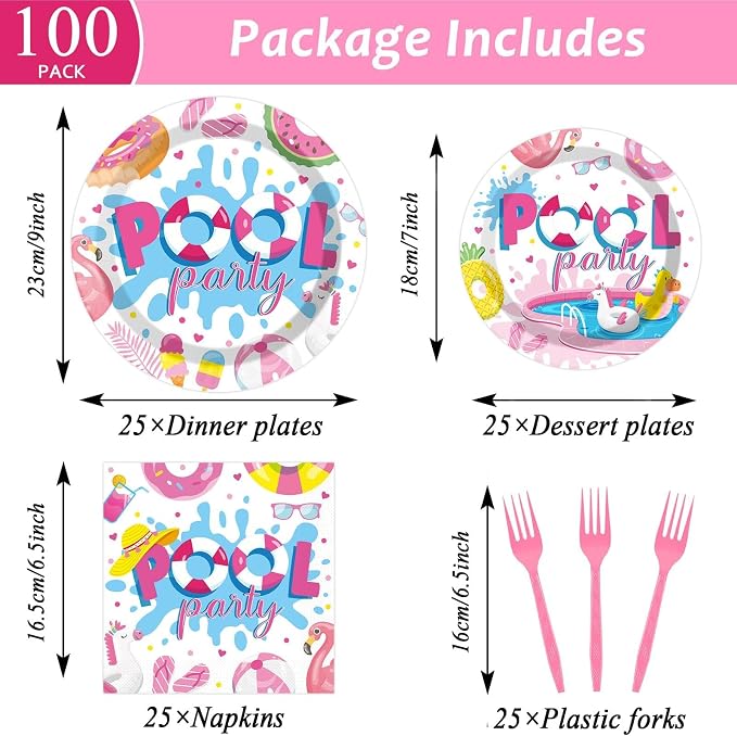 Qyeahkj 100 Pcs Summer Pool Party Plates and Napkins Set Pink Swimming Pool - Image 2