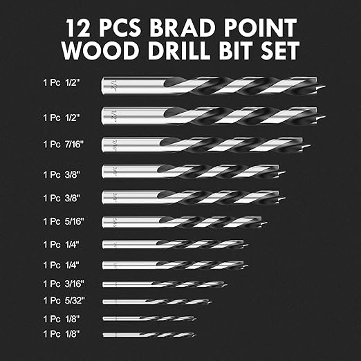 Brad Point Wood Drill Bit Set, 12Pcs Drill Bit Set with Double Flutes Design for Carpenter Woodworking and All Types of Wood (1/8" - 1/2")