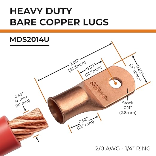 SELTERM 5pcs 2/0 AWG 1/4" Stud Copper Wire Lugs, Ring Terminals, Battery Cable Ends, 00 Gauge Ring Terminal Connectors, UL Heavy Duty Bare Copper Eyelets Battery Terminal Connectors
