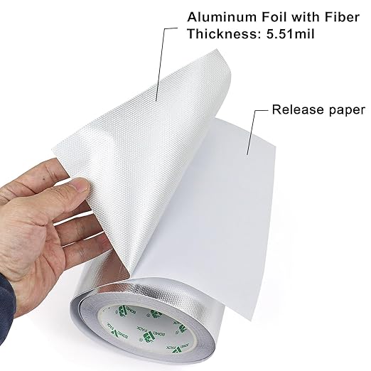 BOMEI PACK Adhesive Aluminum Foil Heat Shield Tape Barrier, Fiberglass Thermal Insulation Reflective Material High Temp Protection (7in*66ft)