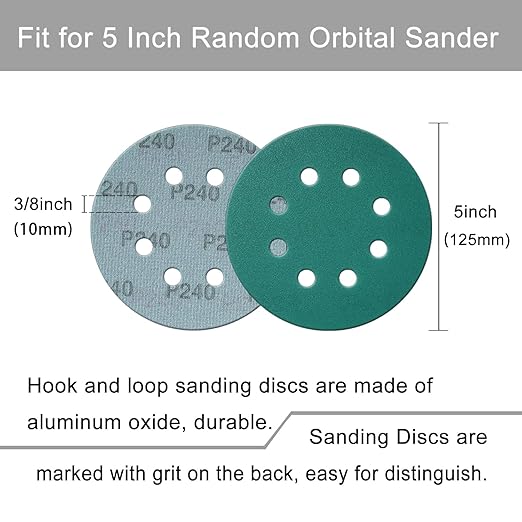 5 Inch 8 Hole Sanding Discs, 50 Pcs Wer Dry Sandpaper 240 Grit Hook and Loop Green Polyester Film Backed Sanding Disc for Random Orbital Sander Wood Car Metal Plastic (240 Grit, 50 Pack)