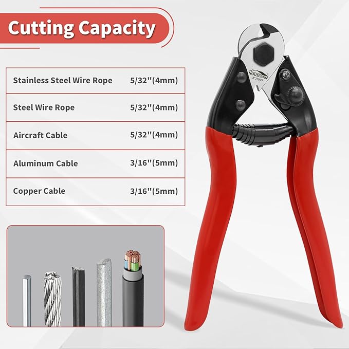 8 Inch Wire Rope Cutter, Stainless Steel Cable Cutter, Heavy Duty Wire Cutters Cutting Up to 3/16" for Fence, Wire Seals, Aircraft Cables, Decking, Railing, Bike Bicycle Brake Cable, DIY
