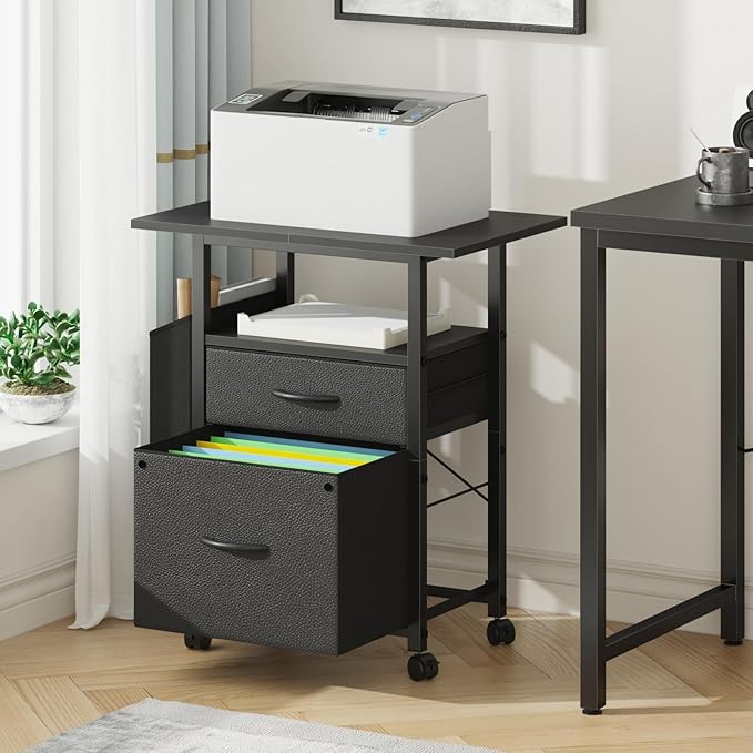 2 Drawer File Cabinet with 24'' Extended Desktop, Mobile Filing Cabinet, Rolling File Cabinet with Side Bag, Fabric Drawer, Fits A4 Size, Home Office, Black