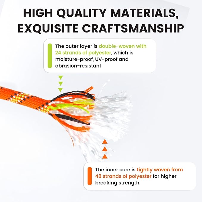1/2inch 150ft Double Braid Polyester Rope, 48 Strands, 5290lbs Breaking Strength, Orange Arborist Rigging Rope for Various Indoor Outdoor Use Hiking Camping Swing Sailing