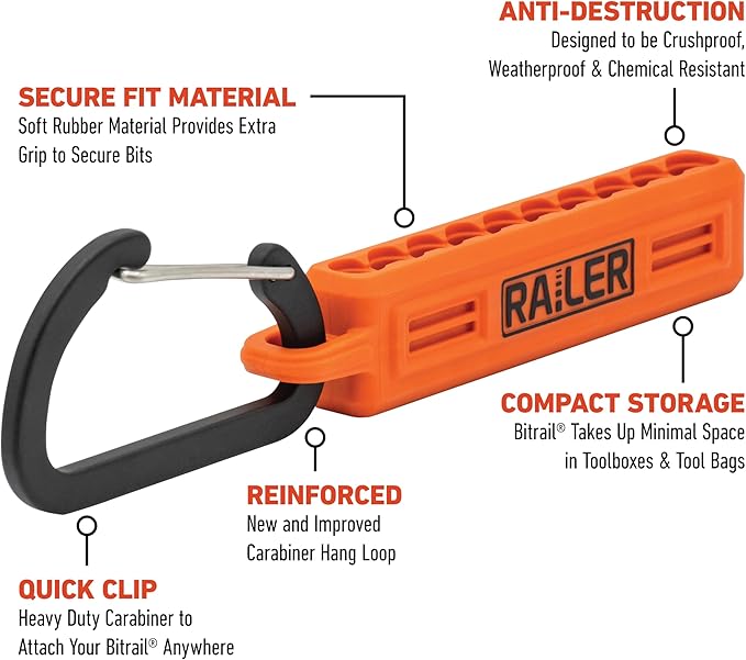 Screwdriver Bit Holder Storage Organizer – Railer 10-Hole Orange Bit Holder with Carabiner - 2 Pack