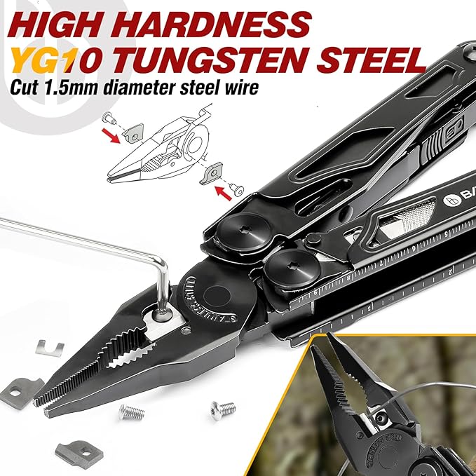 BIBURY Multitool Pliers Pro BI2045AB, Stainless Steel Foldable Multi Tool with Upgraded Scissors and Screwdriver, Multitools with Replaceable Wire Cutters and Saw, Ideal for Camping,Fishing,Survival