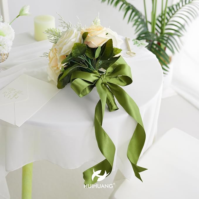 HUIHUANG Olive Green Wired Ribbon 2.5 inch Green Satin Wire Ribbon - Image 4