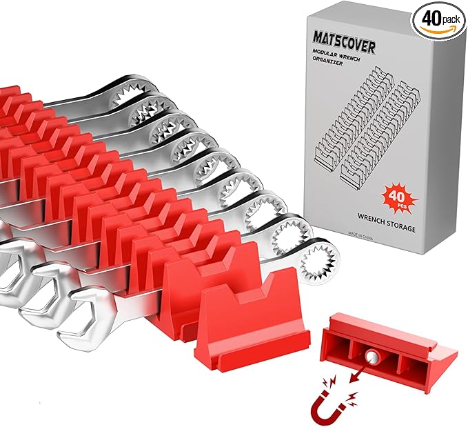 40PCS Magnetic Wrench Organizer Holder - Wrench Tool Organizers for Tool Drawer Storage, Wrenchs Storage Set with Metric & SAE Label, Organization Tool Gift for Professional Mechanics Men, Red