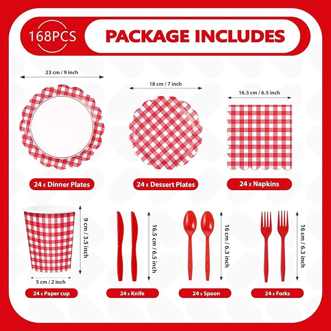 168 Pcs Red Gingham Checkered Party Supplies Scalloped Red and White Checkered - Image 2