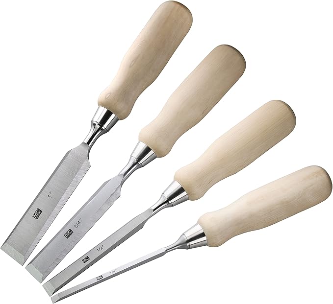 4 Piece Bevel Edge Wood Chisel Set 1/4 inch(6mm), 1/2 inch(12mm), 3/4 inch(20mm), 1 Inch(26mm) with Hornbeam Handles and Stainless Steel Ferrules