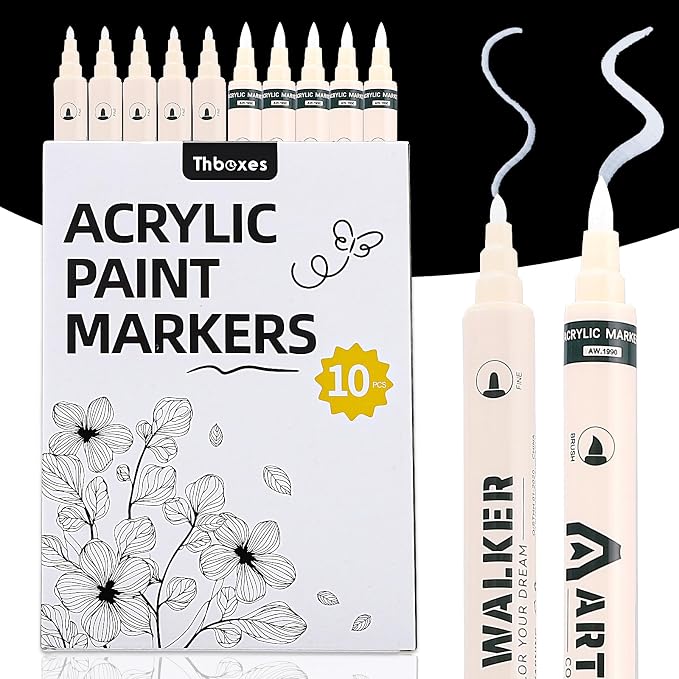 Thboxes White Paint Markers 10 Pack, Dual Tip Acrylic Pens | Fine Tip + Brush by Thboxes