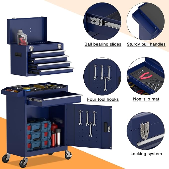 5-Drawer Rolling Tool Chest,Garage Storage Tool Box with Wheels,Lockable and Detachable Tool Cabinet,Heavy Duty Metal Tool Cart with Wheels for Garage,Warehouse,Workshop (Blue)