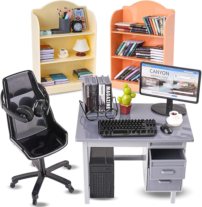 1:12 Scale Doll House Mini Computer Office Desk Furniture Accessories Set | by HUADELAIMA