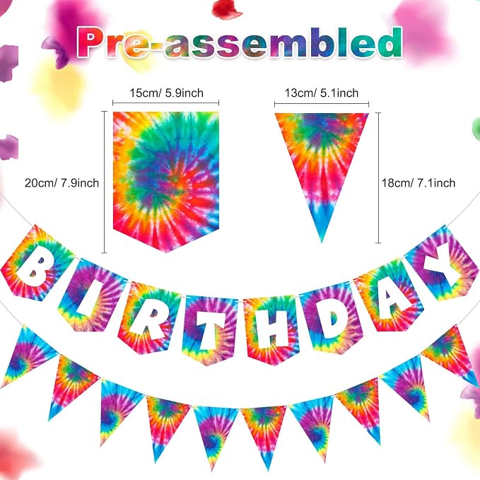 2 Pieces Tie Dye Birthday Party Banner Decorations Hippie Happy Birthday - Image 2