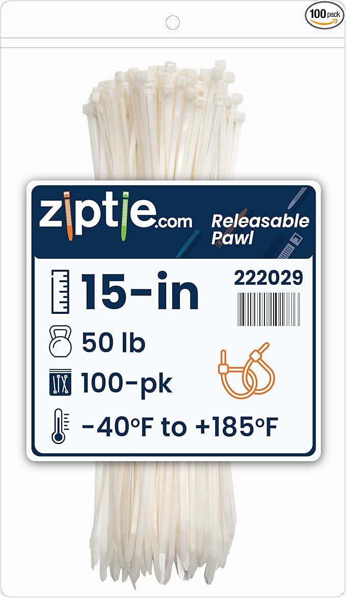 ZipTie.com 15-Inch Natural Releasable Pawl Zip Ties - 50-lb Tensile Strength Cord Management - UL Listed Reusable Cable Ties - UL 21 Listed, UV Resistant, Indoor & Outdoor Multi-Purpose (100-Pack)