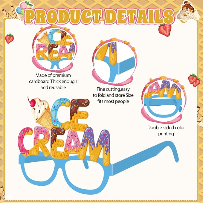Pajean 32 Pcs Ice Cream Party Decorations Eyeglasses Ice Cream Themed Paper - Image 3