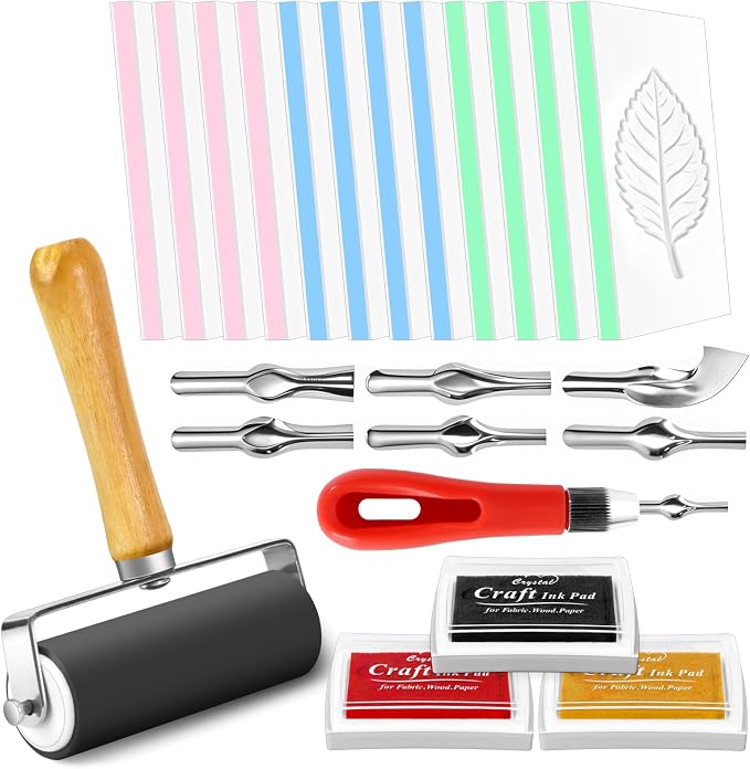 17 Pack Linoleum Block Stamp Making Kit, 3 Ink Pads, Brayer Roller & 6 Type by Oopsu
