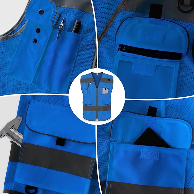 TCCFCCT Mesh Reflective Safety Vest 9 Pockets High Visibility Vest for Men Women, Hi Vis Reflective Work Vest for Safety, Meets ANSI/ISEA Standards, (Blue, XX-Large)