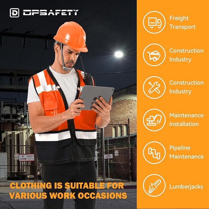 Reflective Safety vest With back plan pocket,High visibility Class 2 Heavy Duty Surveyor Vest with Zipper,Hi Vis Construction Work Vest for Men＆Women ANSI/ISEA(Orange-Bottom,5XL)