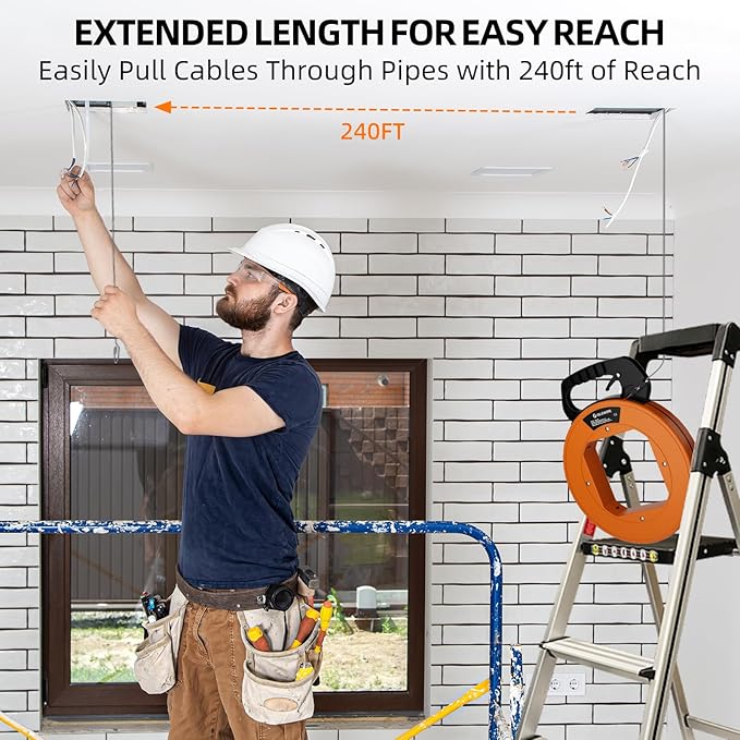 240 ft Electrical Fish Tape, 1/8-Inch Steel Wire Puller with Formed Hook, Easy-to-Use Cable Puller Tool with Ergonomic Handle & Durable Housing for Walls and Electrical Conduit