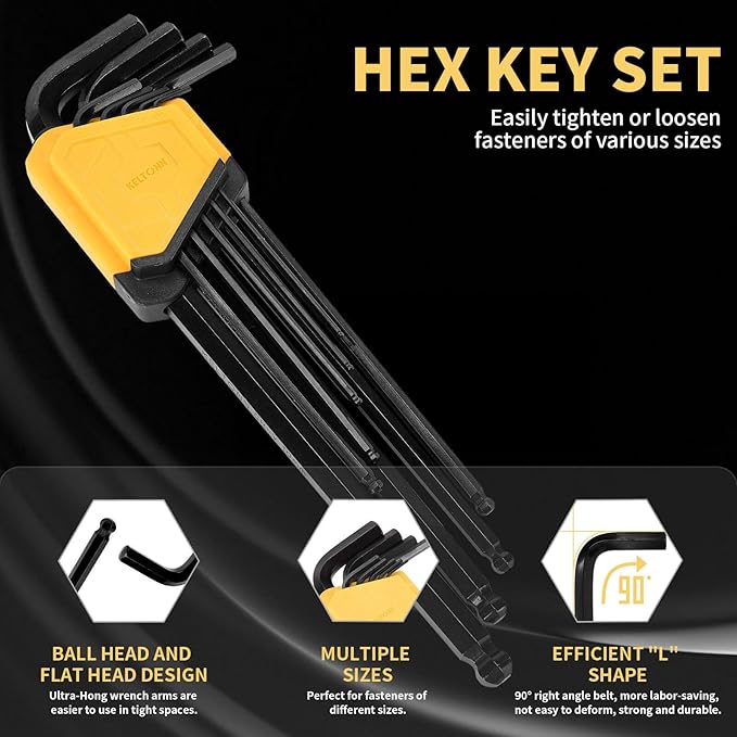 Extra Long Hex Key Ball End Cr-V Steel Tools – 9PCS Metric Allen Key Set, Cr-V, 1.5–10mm, 9in Length, Black Finish, Great for Deep Slots, Auto Maintenance, Home Use