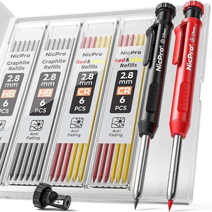 Nicpro Carpenter Pencil with Sharpener, Mechanical Pencils Set with 26 Refills by Nicpro