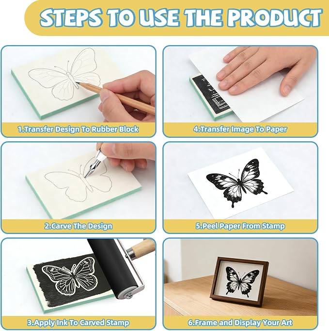 17 Pack Linoleum Block Stamp Making Kit, 3 Ink Pads, Brayer Roller & 6 Type - Image 4