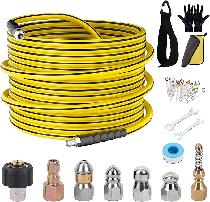 Sewer Jetter Kit for Pressure Washer,Water Jet Drain Cleaning Hose with Corner Rotating Button Spring Nose 1/4" NPT Sewer Cleaning Tool High-Pressure Nozzles,5800 PSI 50 FT