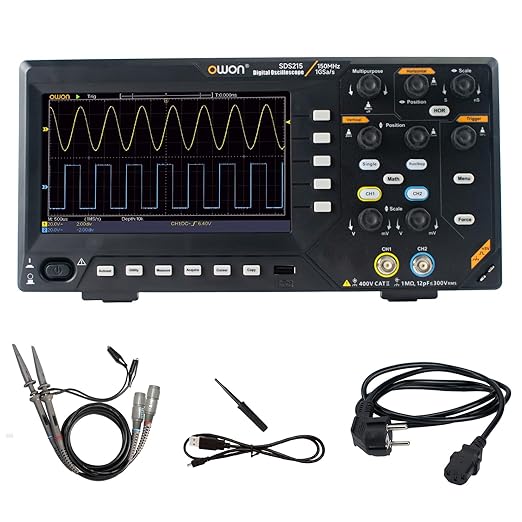 OWON Digital Oscilloscope with Dual-Channel Channels and Screen 7 inch / 18 cm, TFT-LCD Display, Portable Professional Oscilloscope Kit with 1GS/s Sampling Rate, Bandwidth 150MH,SDS215