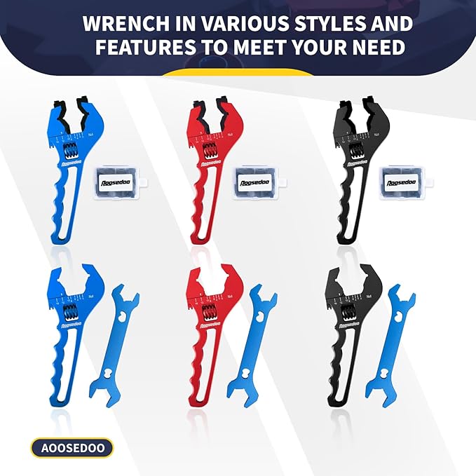 Adjustable AN Fittings Wrench For 3AN-16AN Hose Fitting Spanner Lightweight Aluminum Flat-ended Black With a 6AN-AN8 Double Hose End Fitting Wrench Blue