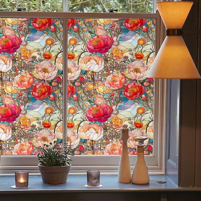 Red Cream Beige Peony Floral Stained Glass Window Films Decorative Double-Side - Image 3