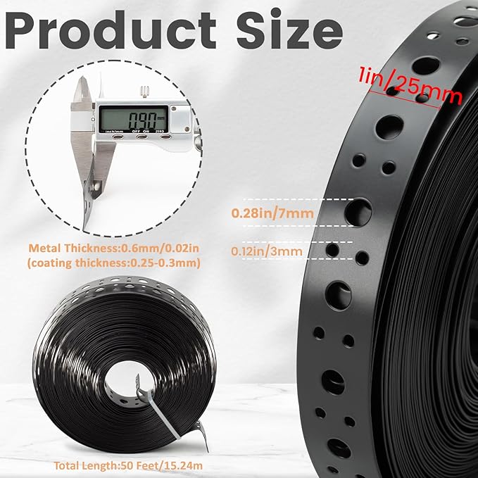 Metal Strap 1-Inch x 50FT 0.6mm Thickness Metal Strapping with Holes Galvanized Pipe Hanger Strap DIY Cutting and Installation for Pipe Support (Black)
