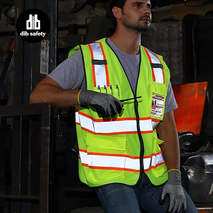 Dib Safety Reflective Vest High Visibility Two Tone with Pockets and Zipper, ANSI Class 2 Compliant, Yellow with Orange Trim M