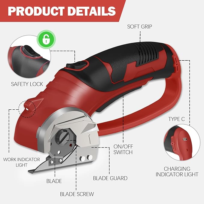 Cordless Electric Scissors, 4V Box Cutter & Cardboard Cutter with Upgrade Blade, LED Light, Safety Lock - Rechargeable Rotary Cutter for Fabric, Leather, Plastic, Crafting, Sewing, Industrial (Red)