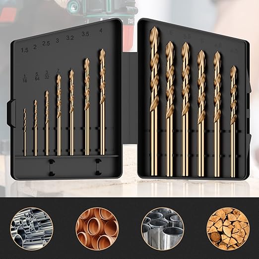 Cobalt Drill Bit Set, 13Pcs M35 High Speed Steel Jobber Length Drill Bit Kit for Hardened Metal, Stainless Steel, Cast Iron, Wood and Plastic, with Index Storage Case, 1/16"-1/4"
