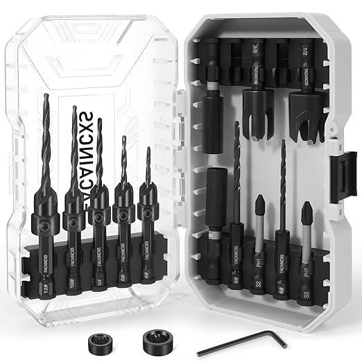 Countersink Drill Bit Set for Wood, 16 PCS High Speed Steel Woodworking Tapered Drill Bits Counter Sink Drill Bit with 2PCS 1/4" Hex Shank Wood Plug Cutter Quick Change with Storage Box