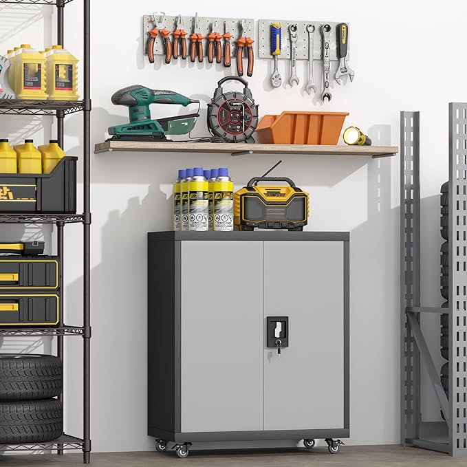GREATMEET Metal Storage Cabinet with Locking Doors,Steel Storage Cabinet with Wheels Suit for Home Office with 1 Adjustable Shelf for Files, Black&Grey