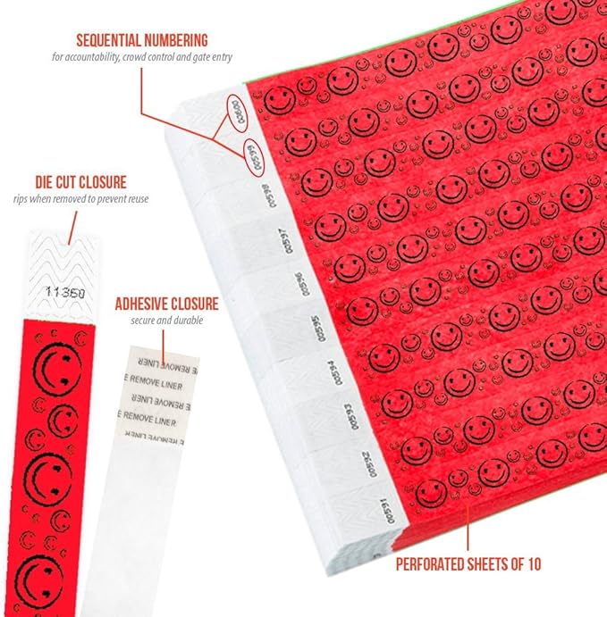 500 WristCo Neon Red Smiley Face Tyvek Wristbands for Events - ¾” x 10” - Waterproof Recyclable Comfortable Tear Resistant Paper Bracelets Wrist Bands for Concerts Festivals Admission Party