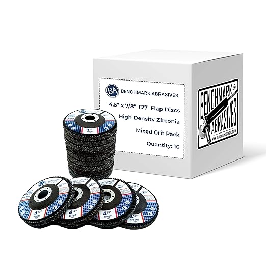 Benchmark Abrasives 4.5" x 7/8" Premium High Density Jumbo Zirconia Type 27 Flap Discs 4 1/2 for Angle Grinder, Sanding Discs, Finishing - Grinding Wheels 4 1/2 inch - (10 Pack) - Mixed Grit Pack
