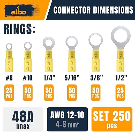 250PCS Yellow Heat Shrink Ring Terminal Kit – 12-10 AWG Wire Terminal Connectors Assortment, 6 Sizes (#8, #10, 1/4", 5/16", 3/8", 1/2") – Waterproof Tinned Copper Electrical Ring Connectors