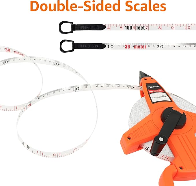 Amazon Basics Open Reel Fiberglass Measuring Tape, Inch/Metric Scale, Impact Resistant Shell, 100-feet (30-Meters) by 1/2-Inch, Orange