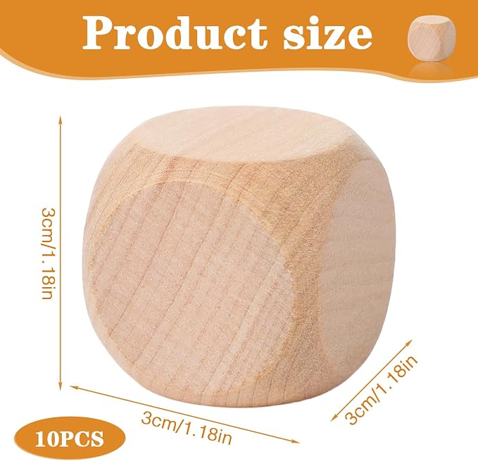 10 Pcs Blank Wooden Dice, 1.2 Inch/30 mm Unfinished Square Wooden Cubes - Image 2