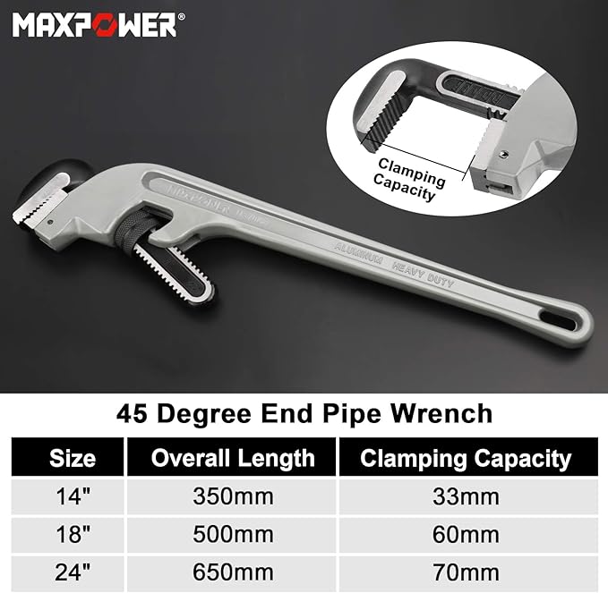 MAXPOWER 24-Inch Offset Pipe Wrench, 40% Lighter Alumimum Plumbing Wrench Clamping Capacity Up to 70mm