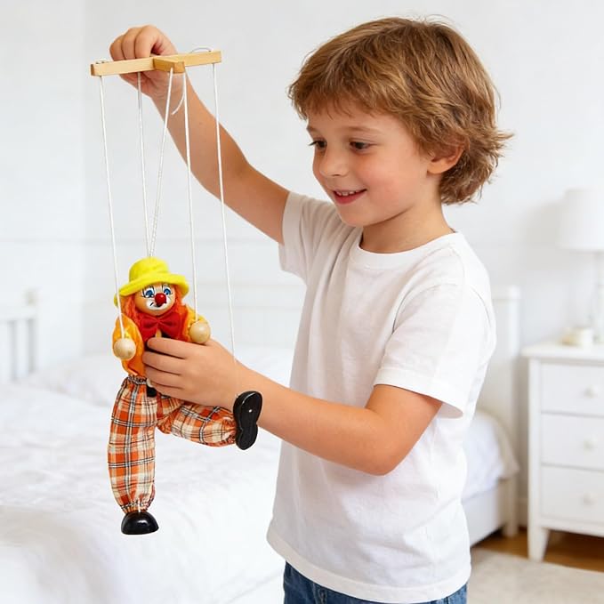 6 Pack Wooden Marionette Puppets Clown Pull String Puppets Movable Hands and - Image 7