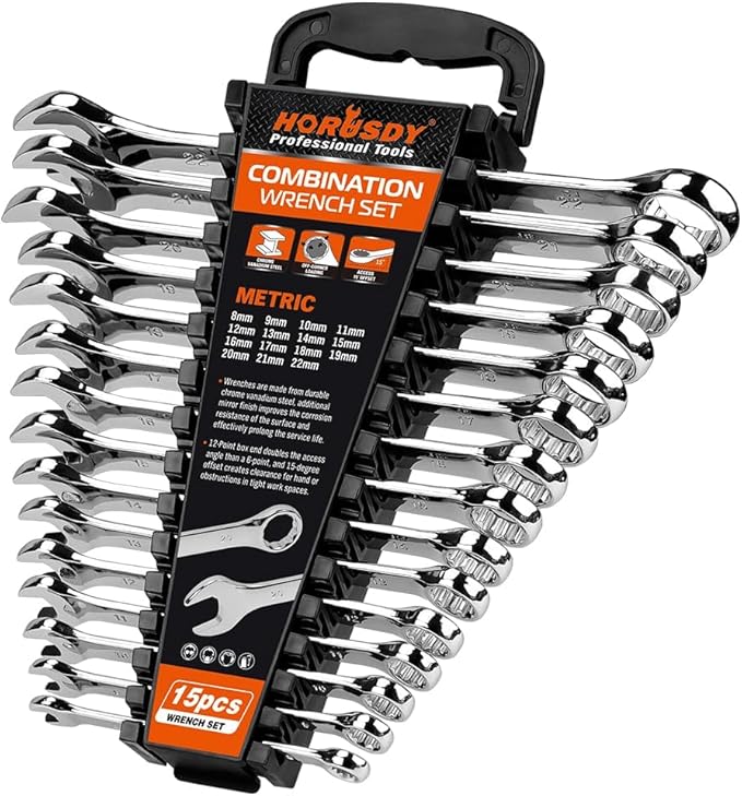 HORUSDY 15-Piece Metric Wrench Sets, Premium Combination Wrench Set Metric 8-22mm, Max Torque, 12-Point, Chrome Vanadium Steel, with Storage Rack