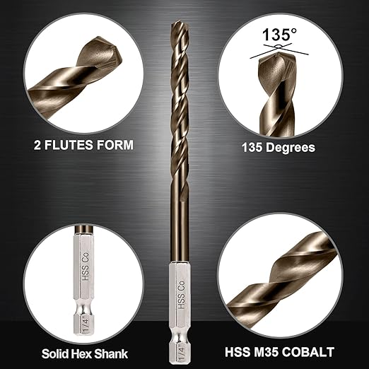 Hex Shank Cobalt Drill Bit Set for Metal and Hardened Steel, 13Pcs 1/16"-1/4" M35 HSS Twist Drill Bits for Impact Driver, with Index Holder