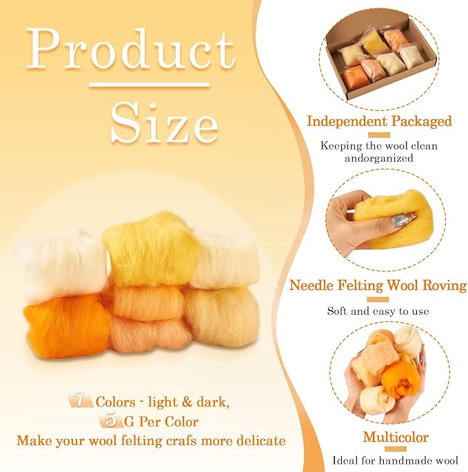 FASHEWELRY 1.2 OZ Wool Felting Kit 7 Set 7 Colors Orange Theme Needle Felting - Image 5