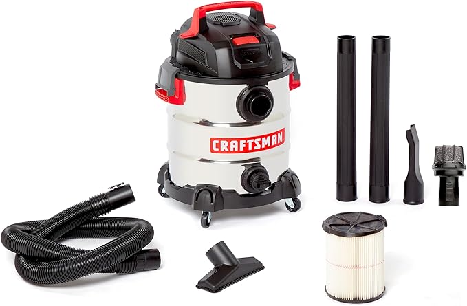 Craftsman CMXEVBE17155 10 Gallon 6.0 Peak HP Stainless Steel Wet Dry Vac, Portable Shop Vacuum Wet and Dry with Filter, Muffler/Diffuser, Hose and Attachments for Home and Garage Use
