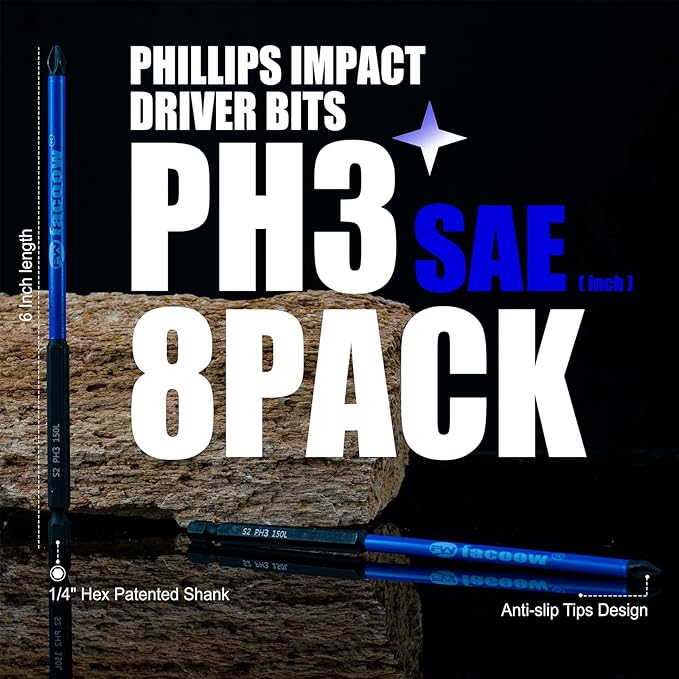 8 Pack Phillips Impact Driver Bits, #3 Phillips Head Magnetic Screwdriver Bits Set, 6 Inch S2 Alloy Steel Impact Bits, 1/4" Hex Shank Screwdriver Drill Bit, CNC Machined ph3 Impact Drill Bits