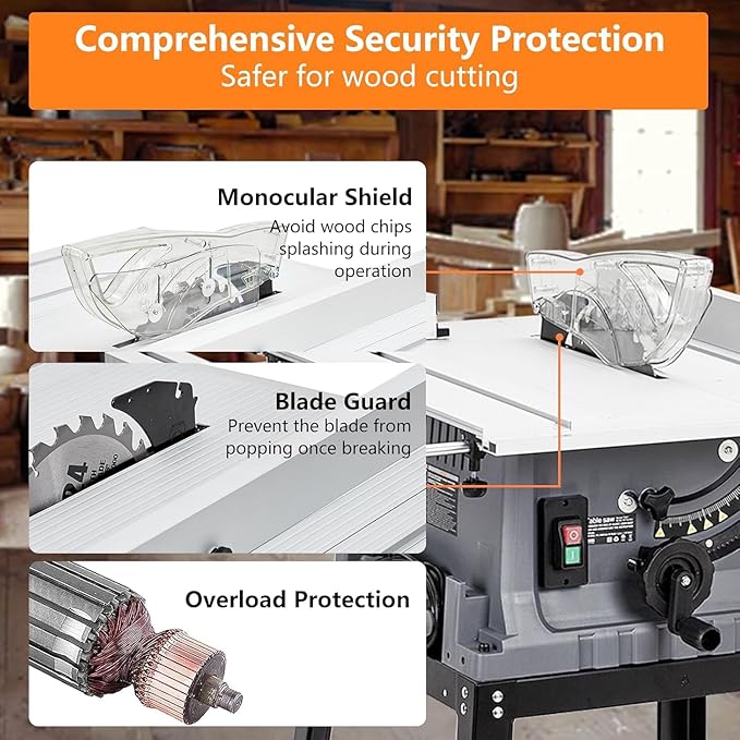 PioneerWorks 10 Inch Table Saw, 15A Multifunctional Saw With Stand & Push Stick, 90° Cross Cut & 0-45° Bevel Cut, 5000RPM, Adjustable Blade Height for Woodworking